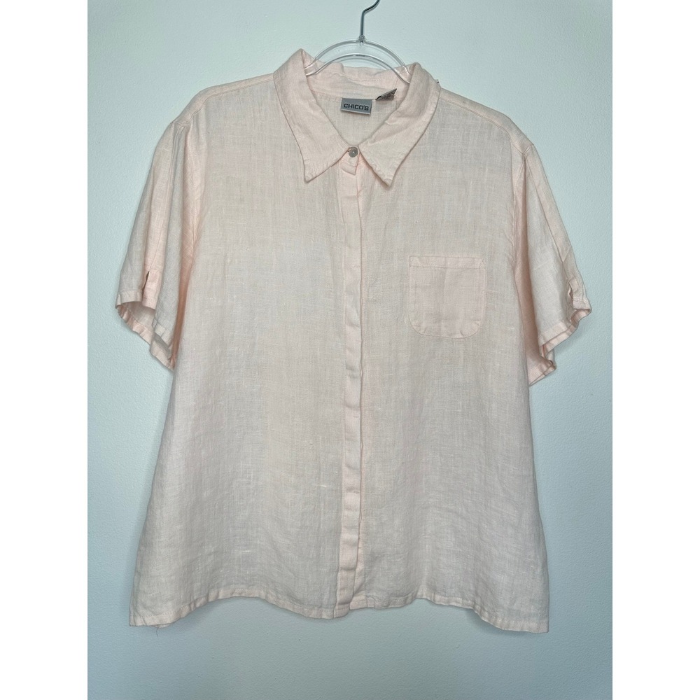 New Chicos 100% Linen Short Sleeve Button Down Shirt Size XL Light Pink Beach